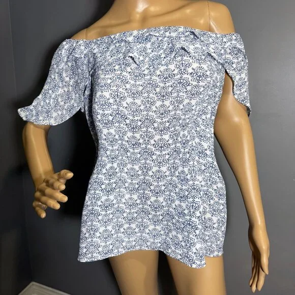 Blue & White Off-Shoulder Ruffle Top - Picture 6 of 6